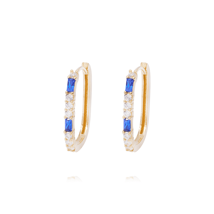 Aros Oro Amarillo 18kt Argollas Circonitas Blancas y Azules 1