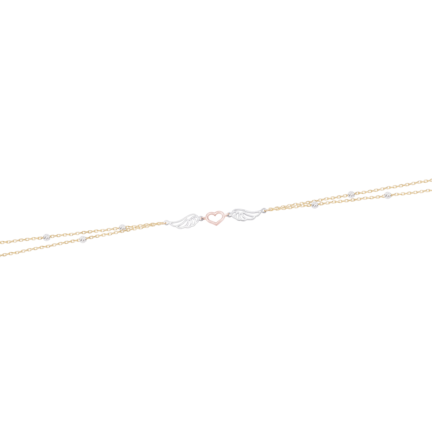Pulsera Oro Bicolor 18kt Doble Cadena Corazón y Alas 3