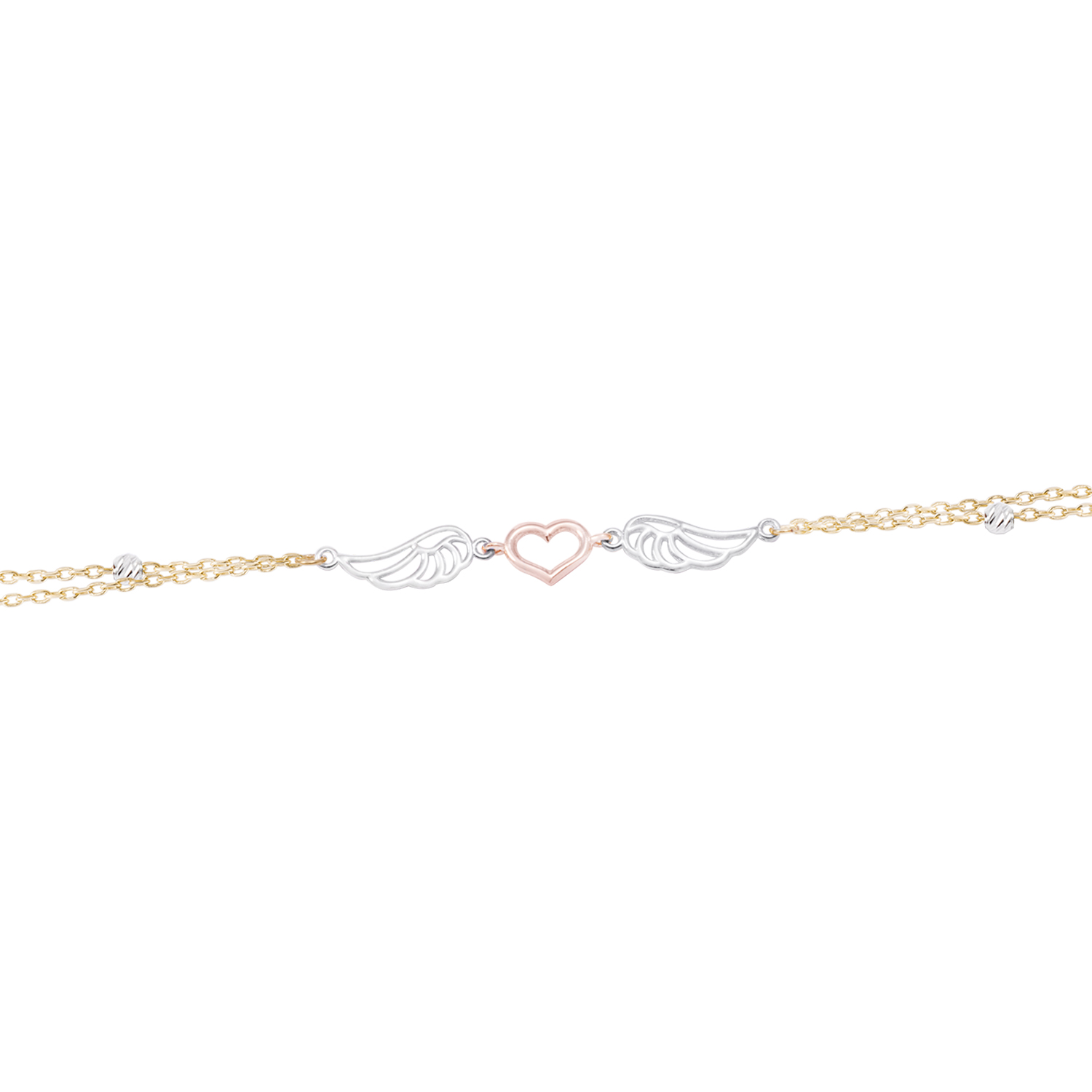 Pulsera Oro Bicolor 18kt Doble Cadena Corazón y Alas 2