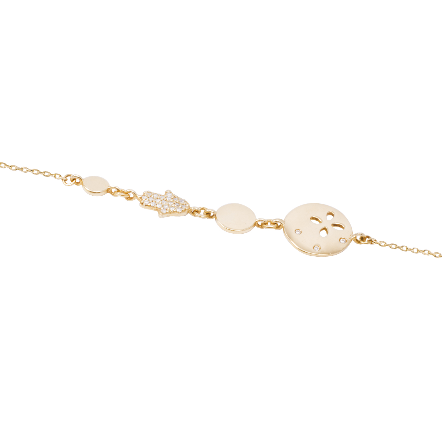 Pulsera Oro Amarillo 18kt Círculos y Mano de Fátima 7 Pts 2