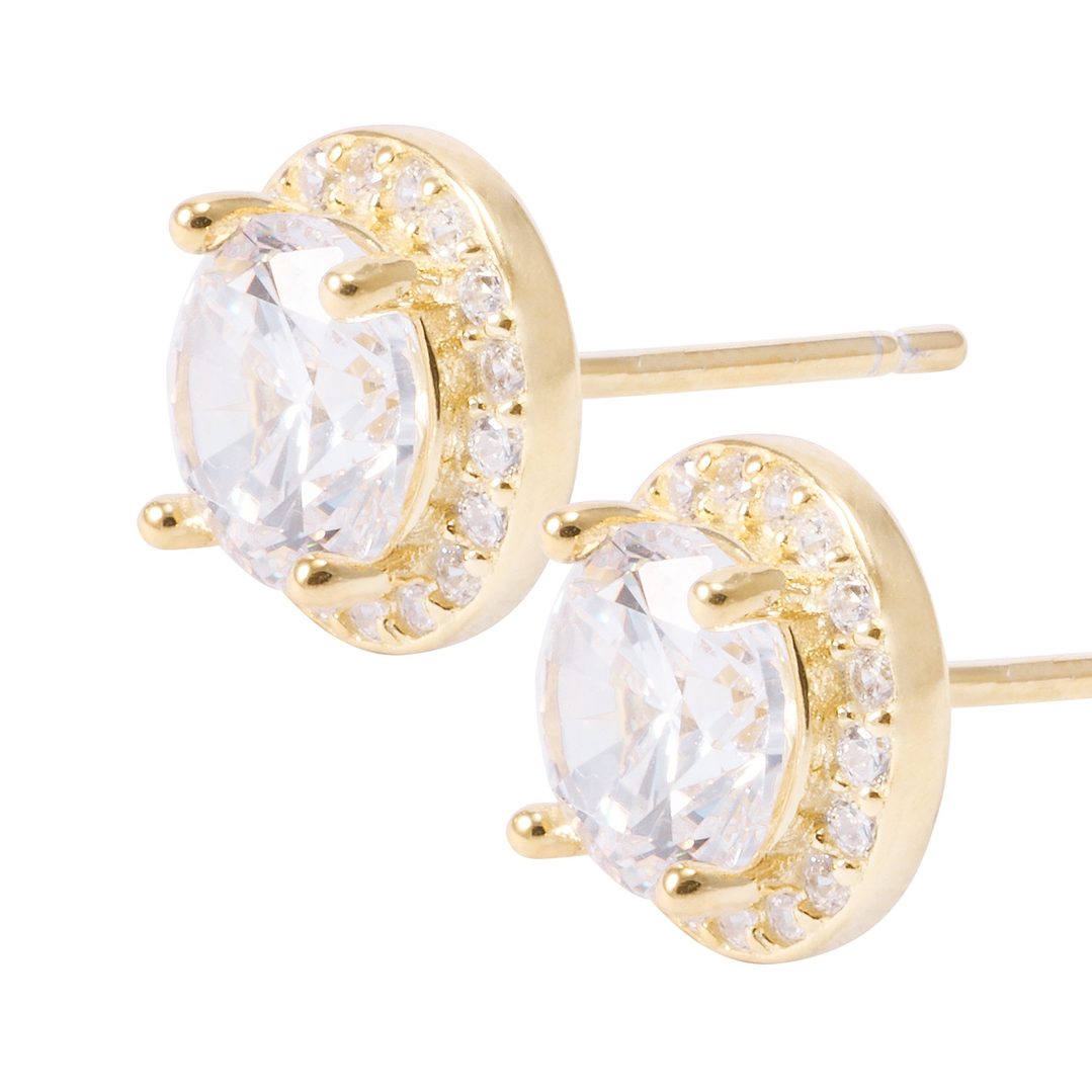 Aros de Plata Esterlina Circonita Central Rodeado de Circones Revestido en Oro 18kt 2