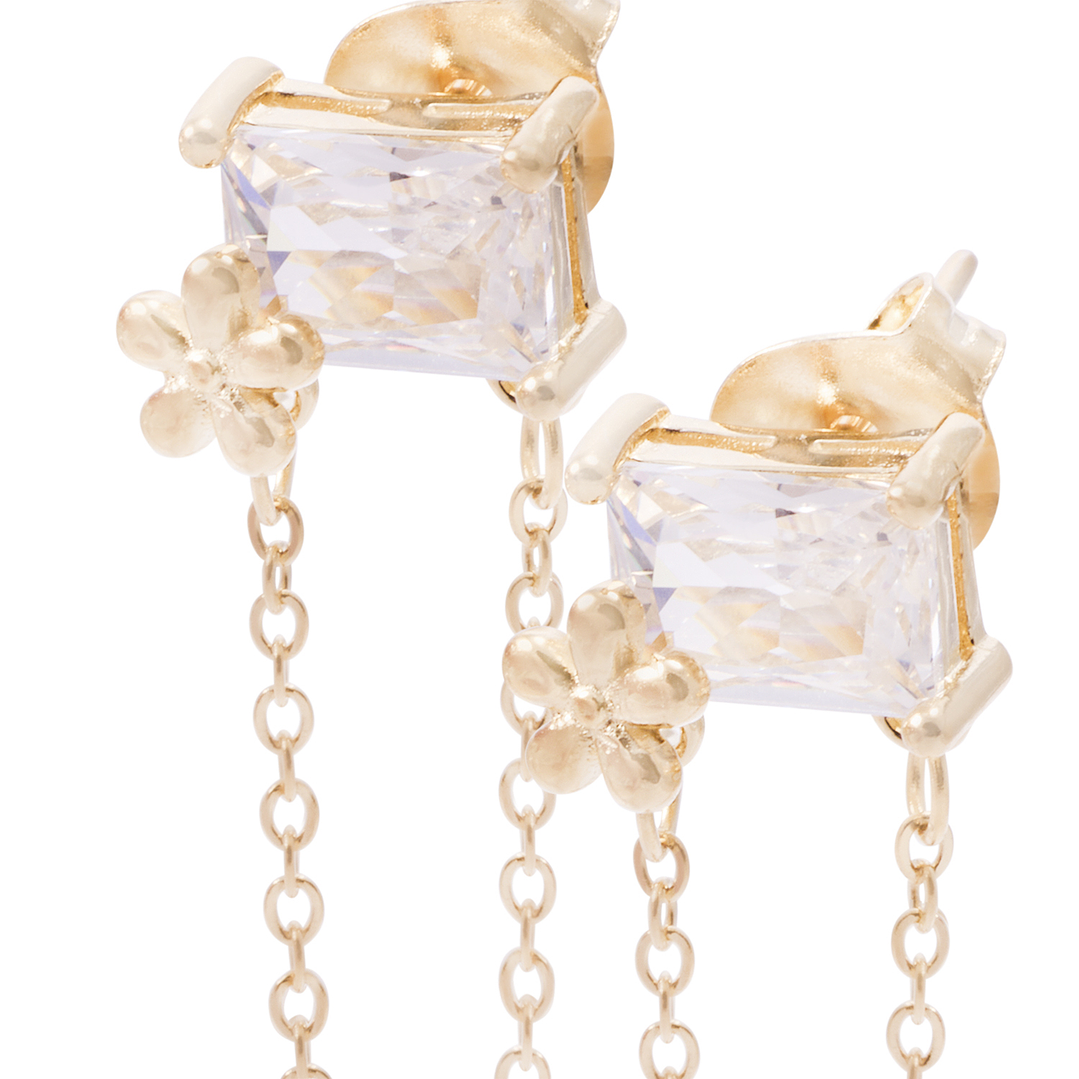 Aros de Plata Esterlina Rectángulo Circonita con Cadena Colgante Revestida en Oro 18kt 2