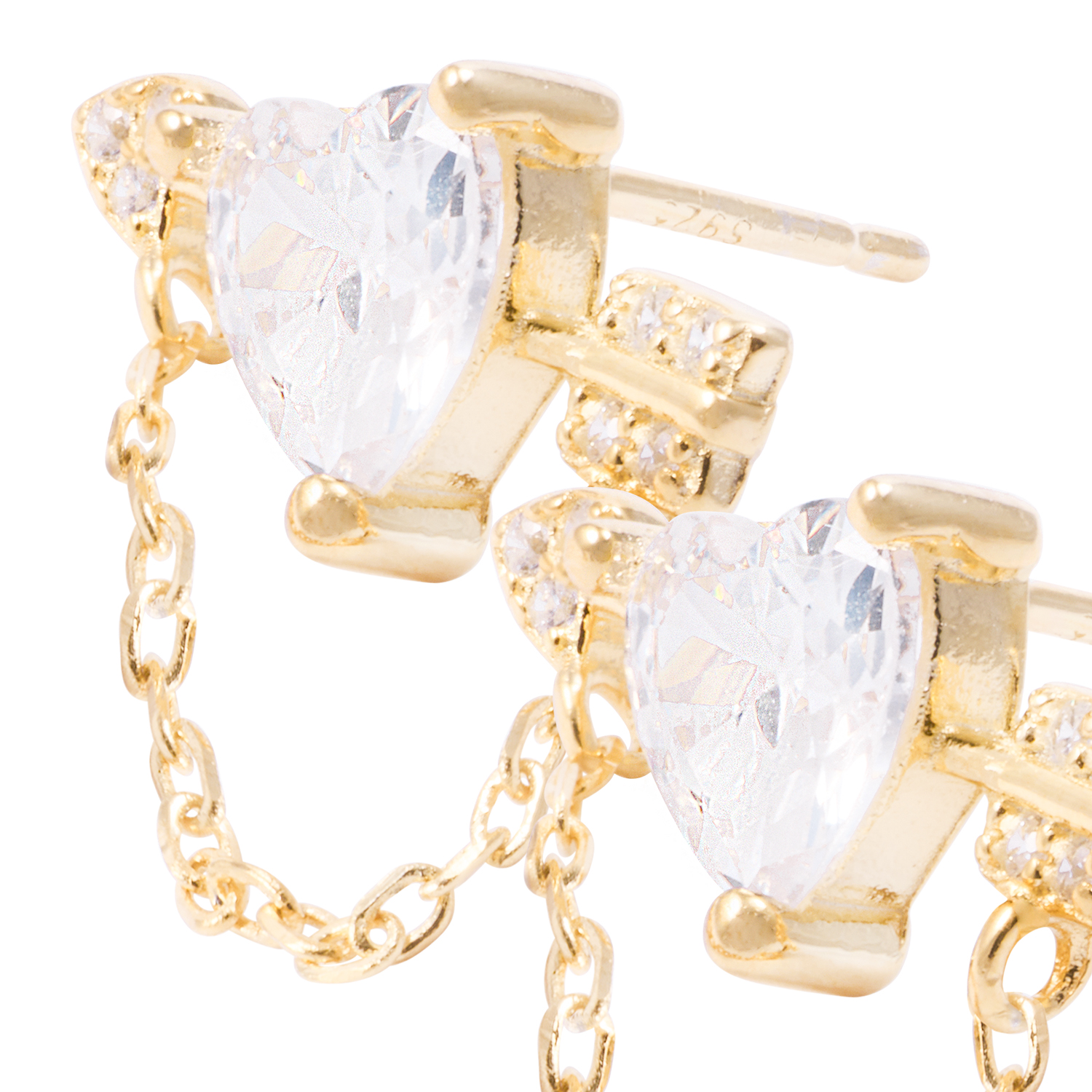 Aros de Plata Esterlina Corazón Circonita mas Cadena Revestido en Oro 18kt 2