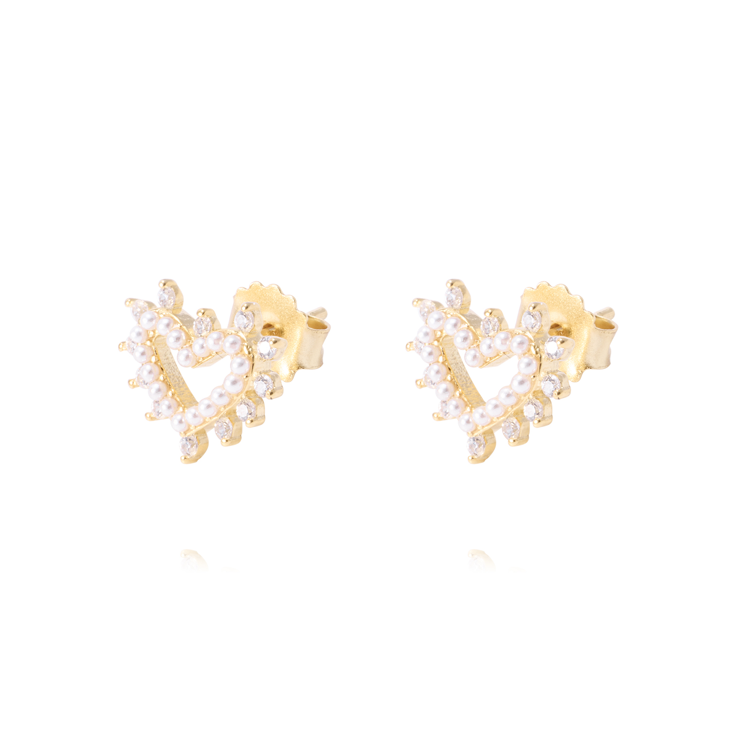 Aros de Plata Esterlina Corazón Perla mas Circonita Revestido en Oro 18kt 1