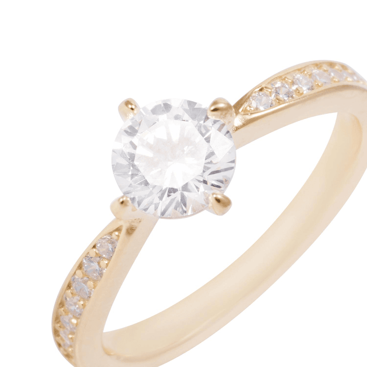 Anillo de Plata Esterlina Solitario Con Circón Central Redondo Revestido en Oro 18kt 2