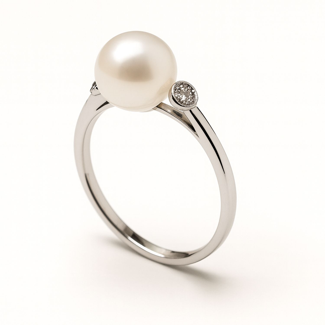 Anillo Oro Blanco 18kt Diamantes 6 Pts. Más Perla Cultivada 1