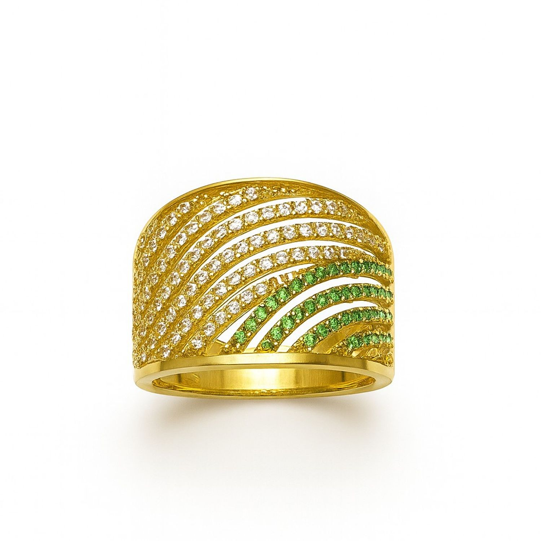 Anillo Oro Amarillo 18kt Ondas Circonitas-Esmeraldas 1