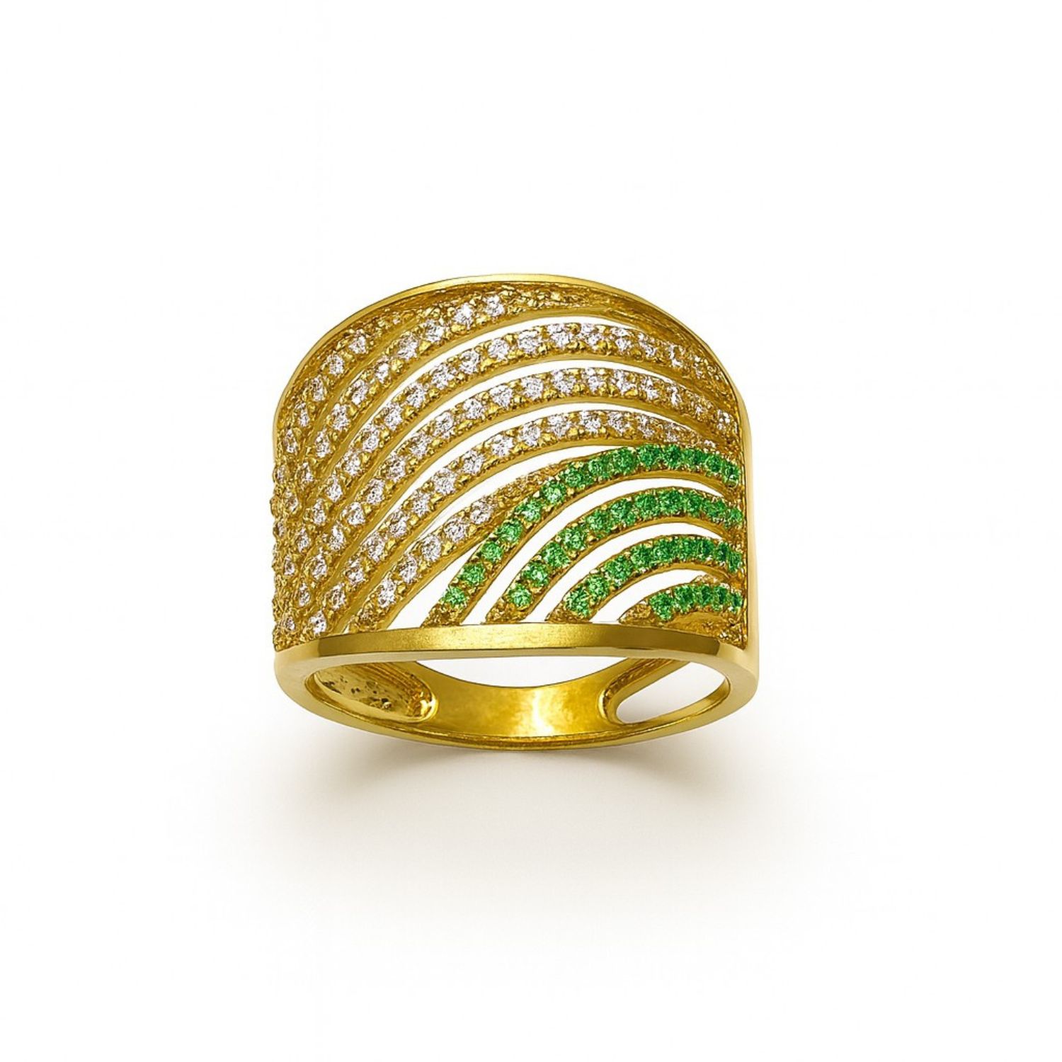 Anillo Oro Amarillo 18kt Ondas Circonitas-Esmeraldas 2