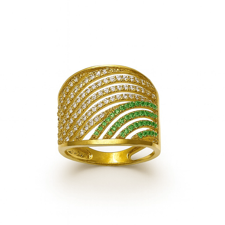 Anillo Oro Amarillo 18kt Ondas Circonitas-Esmeraldas 3