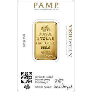 Lingote de Oro puro 24kt PAMP Suisse Lady Fortuna de 23,329 grs