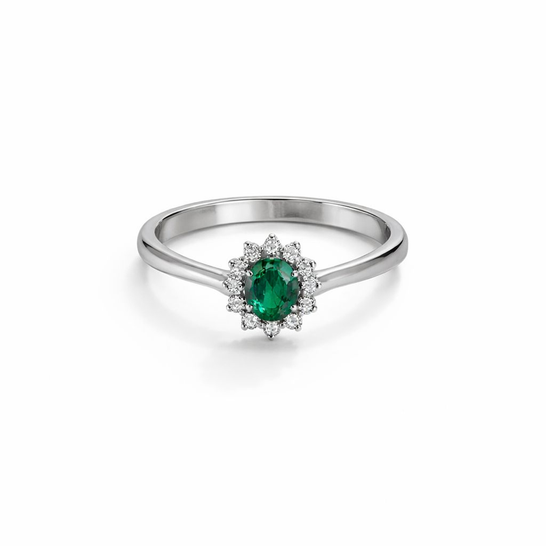 Anillo Oro Blanco 18kt Diamantes 13Pts Esmeralda Central 6MM 3