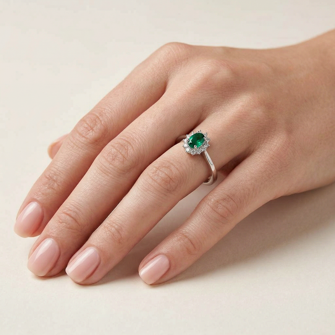 Anillo Oro Blanco 18kt Diamantes 13Pts Esmeralda Central 6MM 5