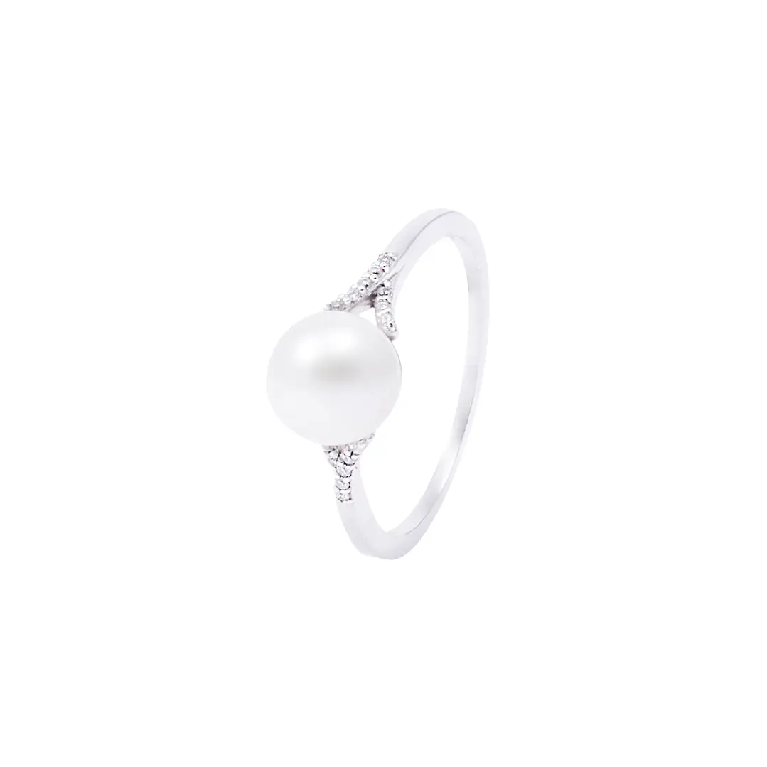 Anillo Oro Blanco 18kt Diamantes 5 Pts y Perla 7mm 1
