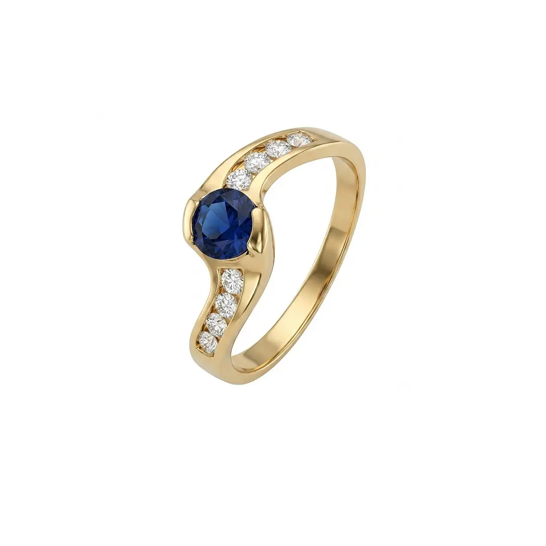 Anillo Oro Miel 18kt Solitario con Circonita Zafiro y Circonitas Blancas 1