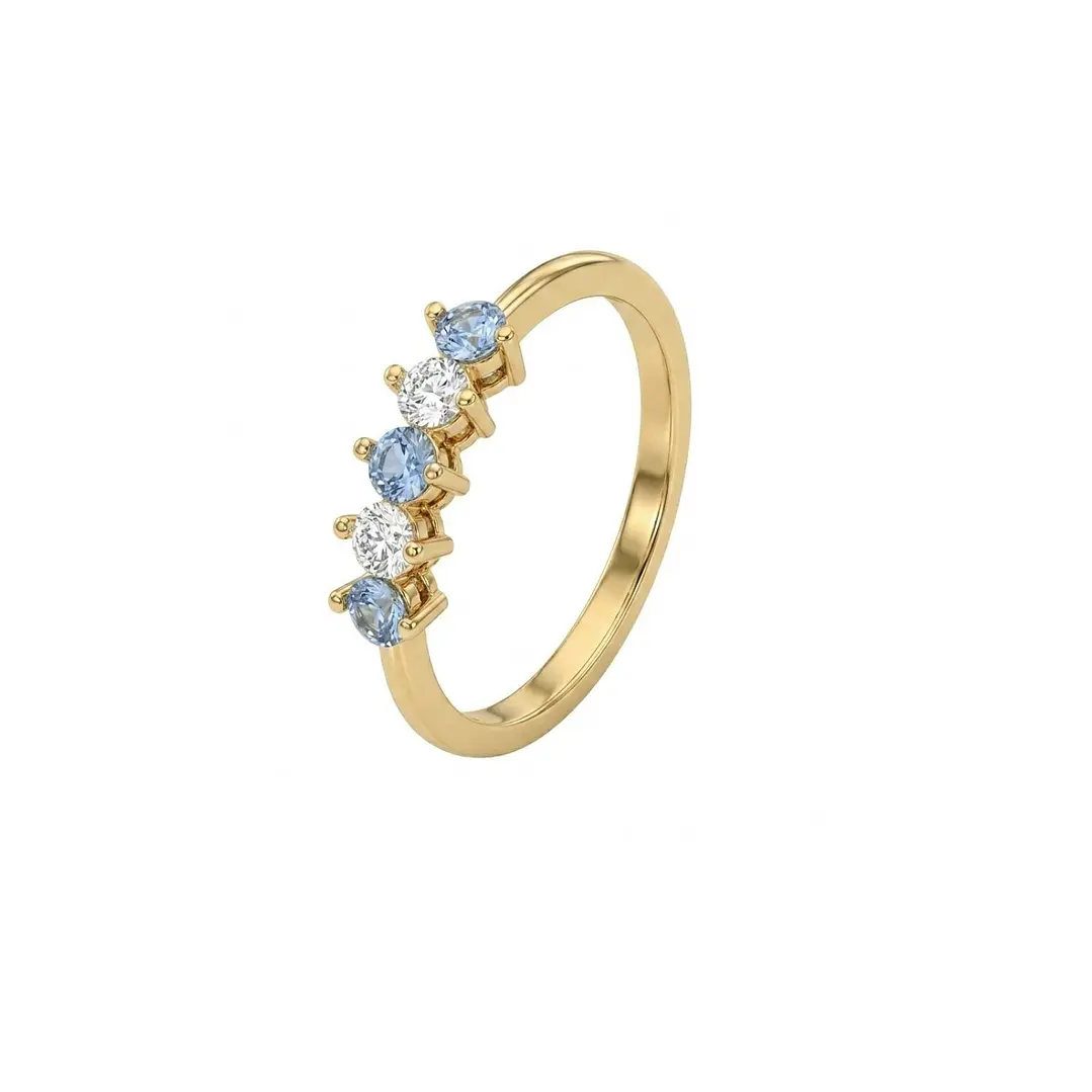Anillo Oro Miel 18kt Cinco Piedras con Circonita Aguamarina 1