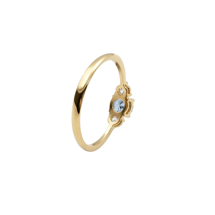 Anillo Oro Miel 18kt Trilogía con Circonita Aguamarina 2