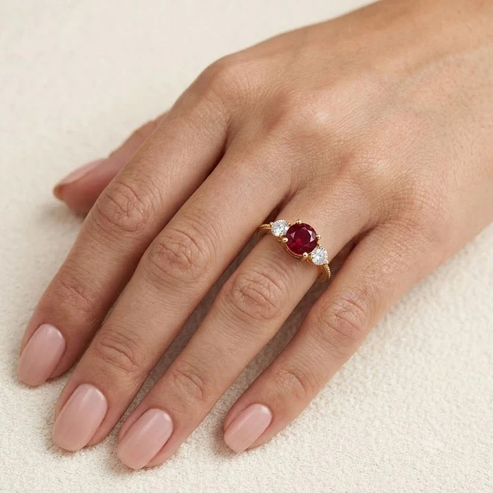Anillo Oro Miel 18kt Trilogía con Circonita Rubí 4