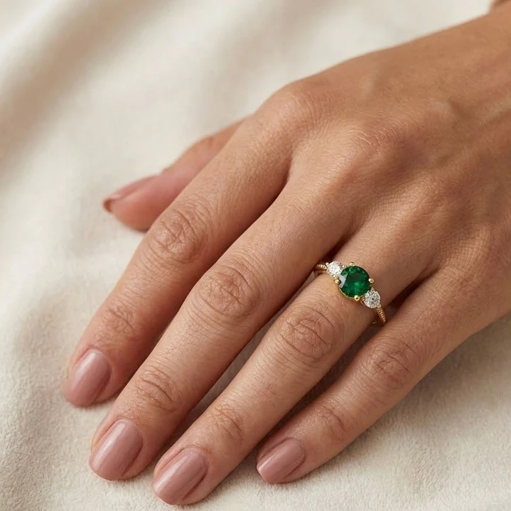 Anillo Oro Miel 18kt Trilogía con Circonita Esmeraldina 4