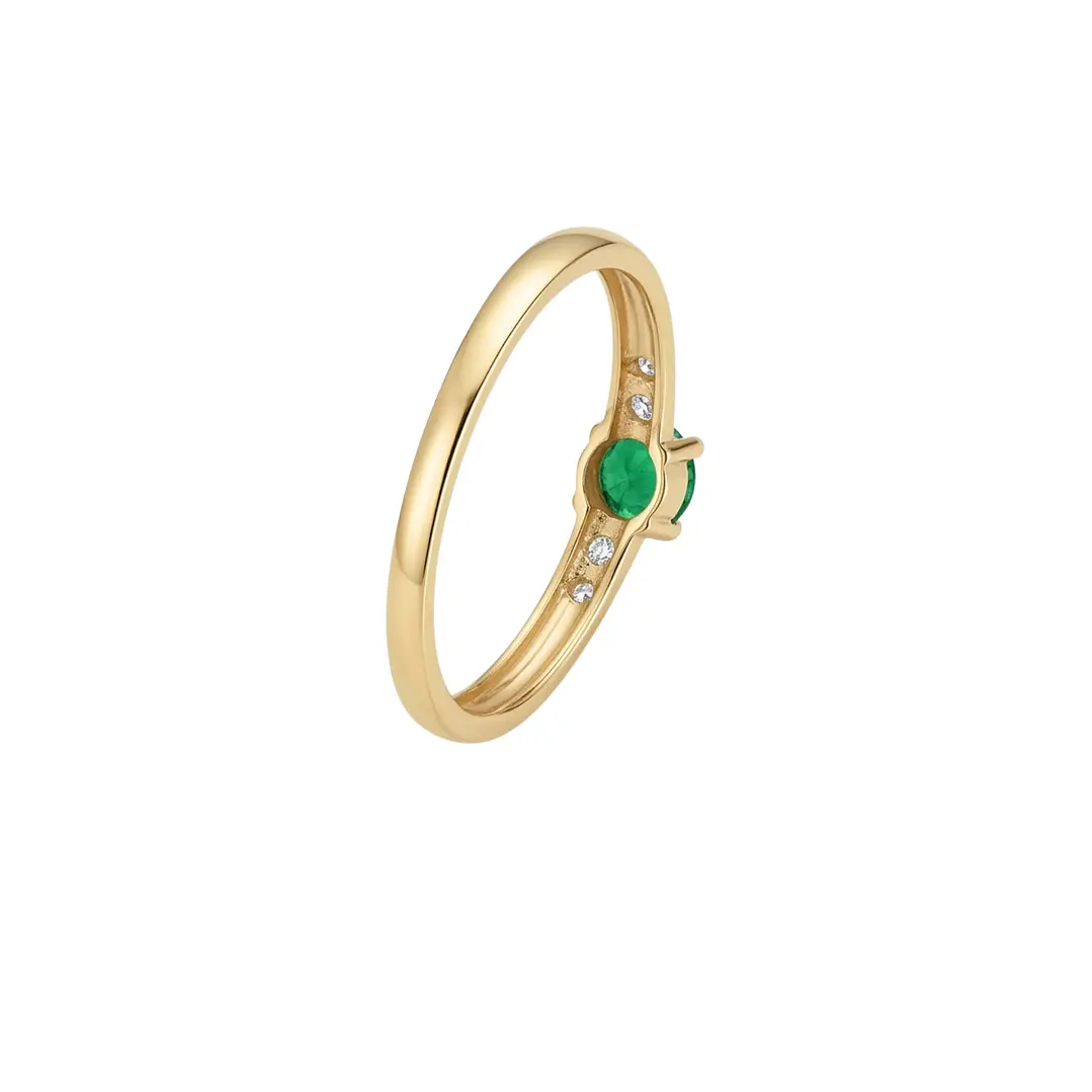 Anillo Oro Miel 18kt Solitario con Esmeraldina y Circonitas 3
