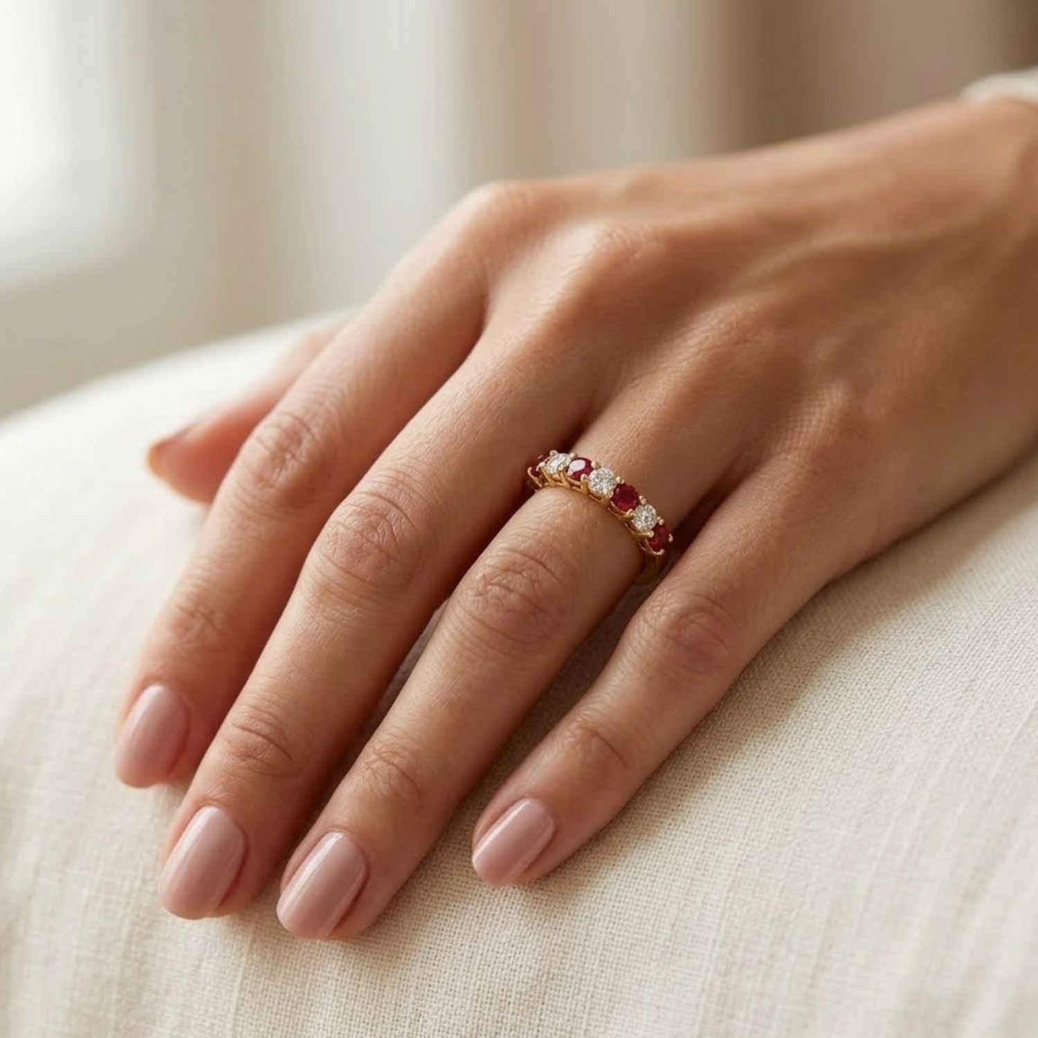 Anillo Oro Miel 18kt Media Alianza con Circonitas Rubí 4