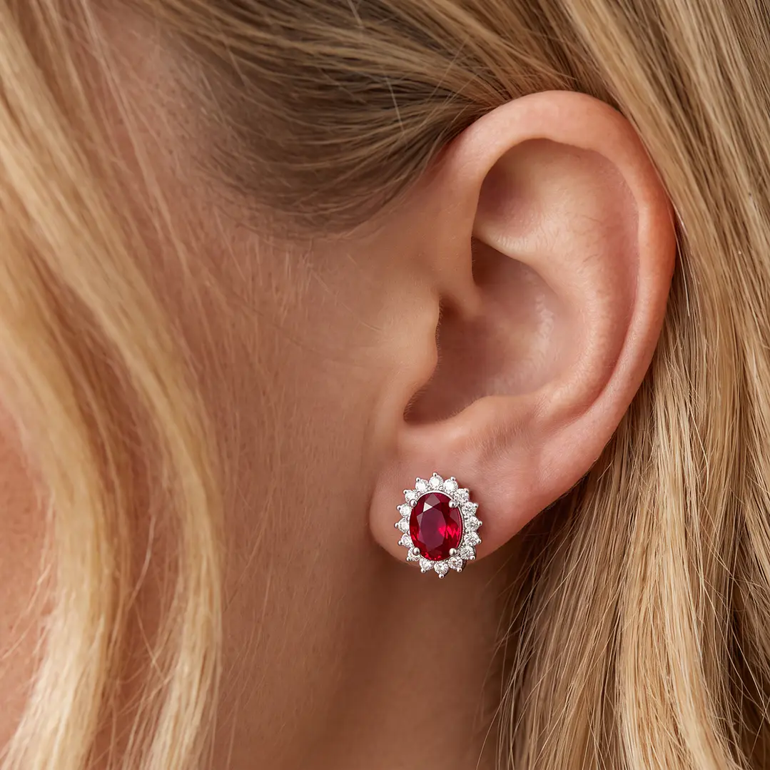 Aros de Plata Esterlina 925 Rubi Central Oval Circon 4