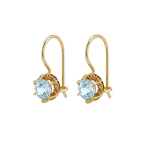 Aros Oro Miel 18kt con Gota de Aguamarina y Engaste de Petaños