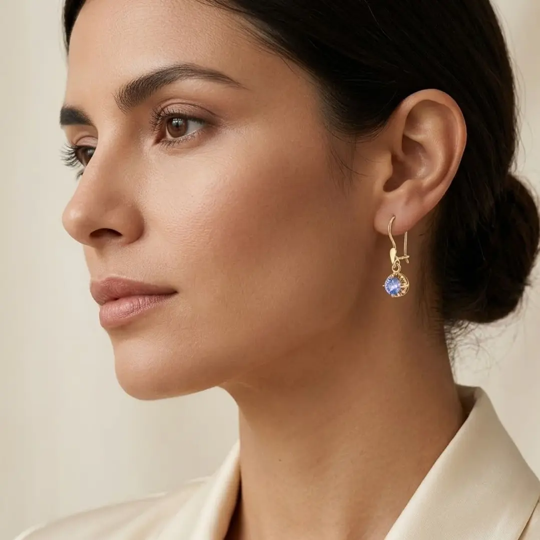 Aros Oro Miel 18kt Colgante con Gota de Aguamarina 5mm 4