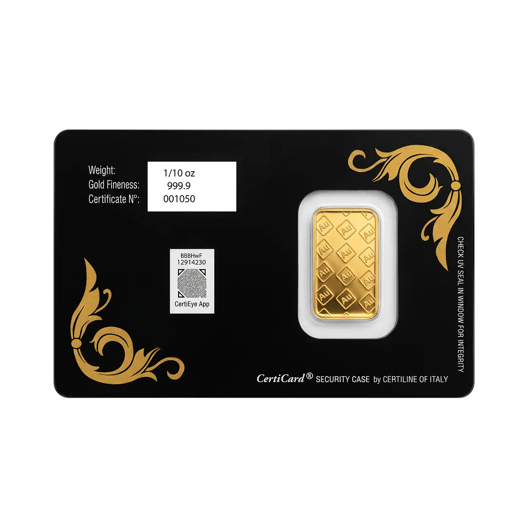 Lingote de Oro Fino 24kt Aurus 1/10 Onza Troy 2