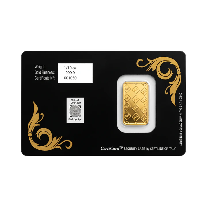Lingote de Oro Fino 24kt Aurus 1/10 Onza Troy 2