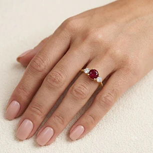 Anillo Oro Miel 18kt Trilogía con Circonita Rubí