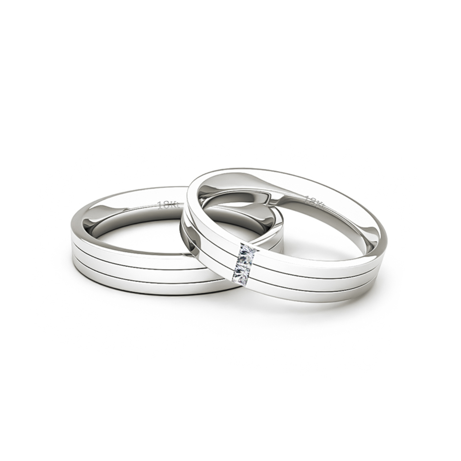Par Argollas Matrimonio de Oro Blanco 18kt con 2 Diamantes de 1,7x1,7mm Corte Princesa Modelo Vita 2