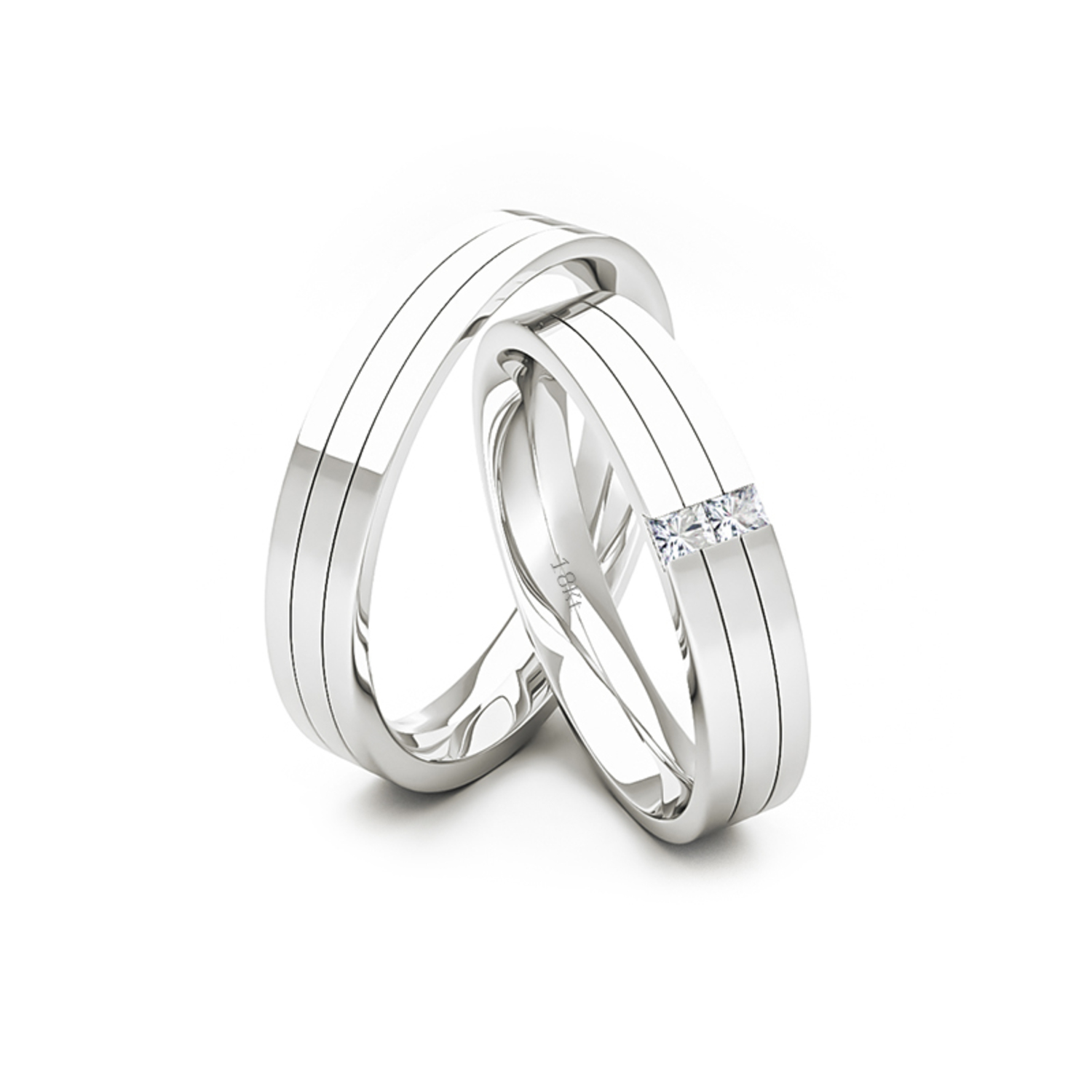 Par Argollas Matrimonio de Oro Blanco 18kt con 2 Diamantes de 1,7x1,7mm Corte Princesa Modelo Vita 3