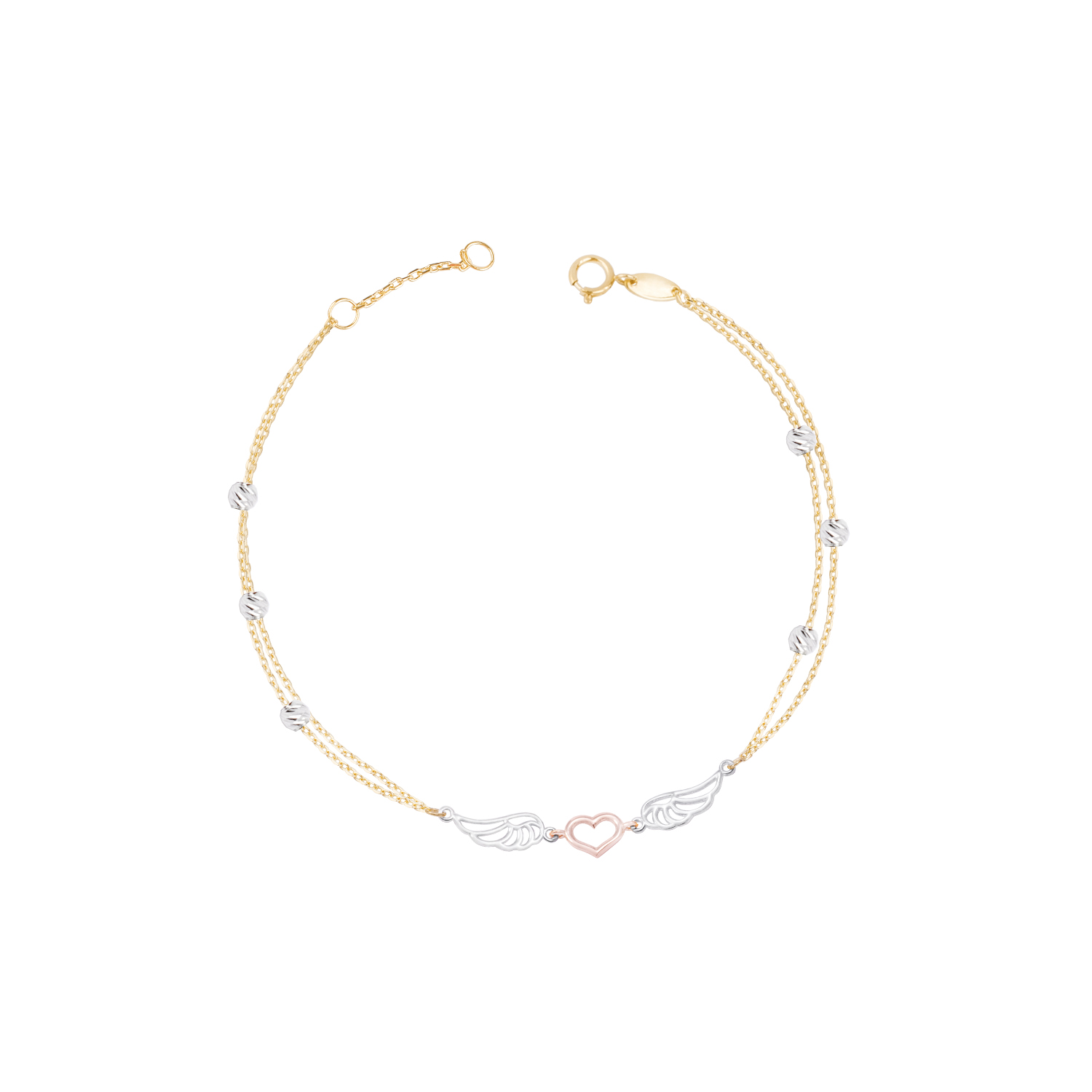 Pulsera Oro Bicolor 18kt Doble Cadena Corazón y Alas 1