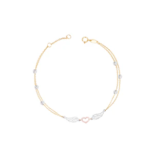 Pulsera Oro Bicolor 18kt Doble Cadena Corazón y Alas