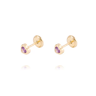 Aros de Oro 18kt Corazon de Piedra Amatista