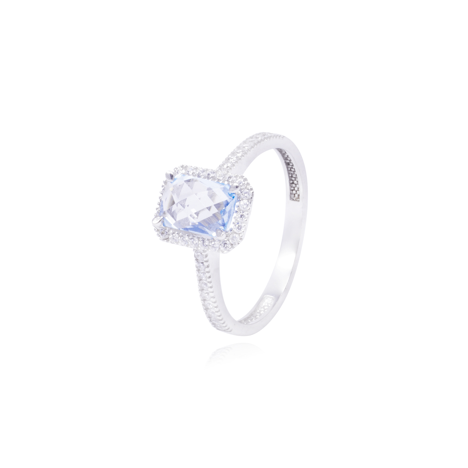 Anillo Oro Blanco 18kt Circonita Azul Cuadrada y Cintillo 1