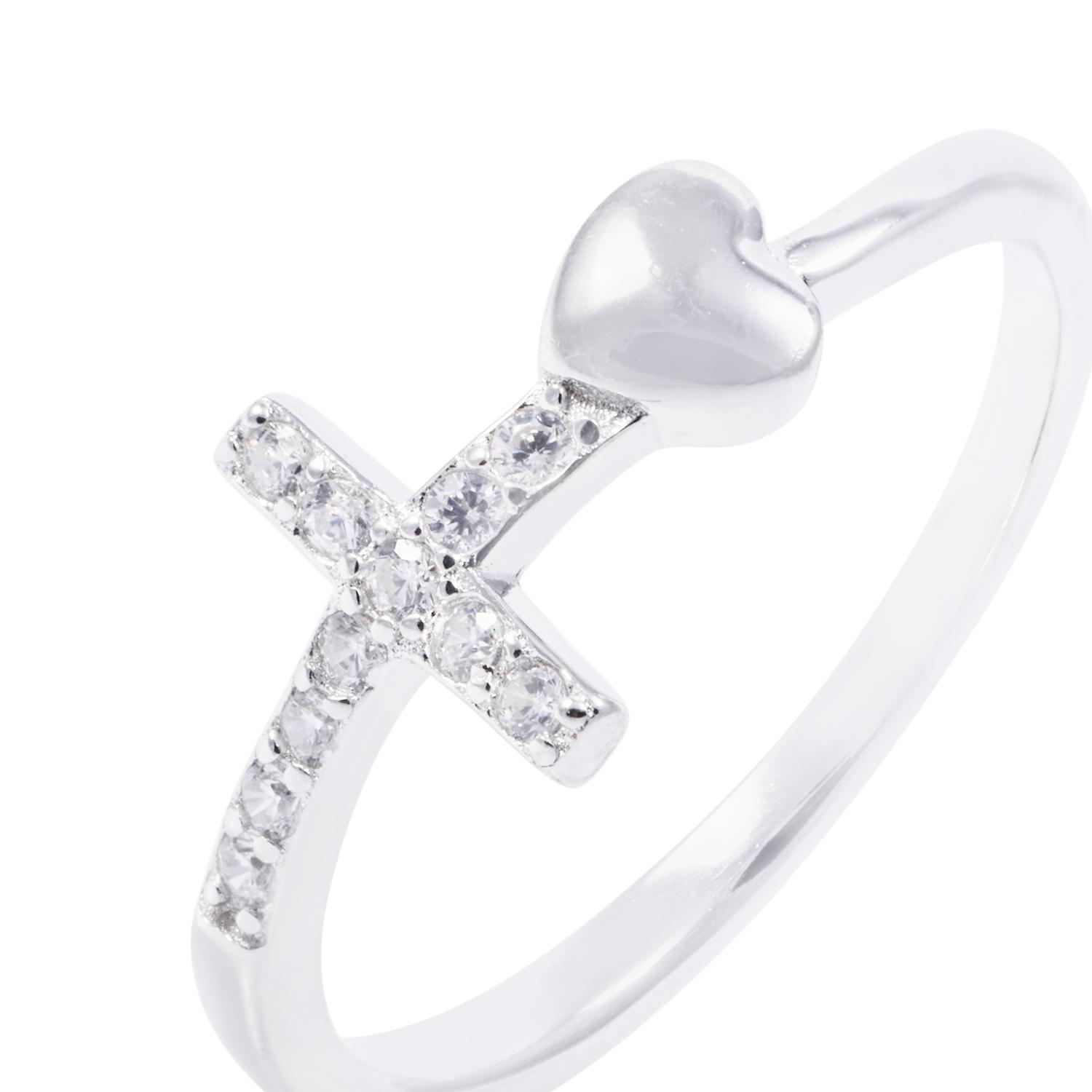 Anillo de Plata Esterlina Cruz con Circones y Corazón 2