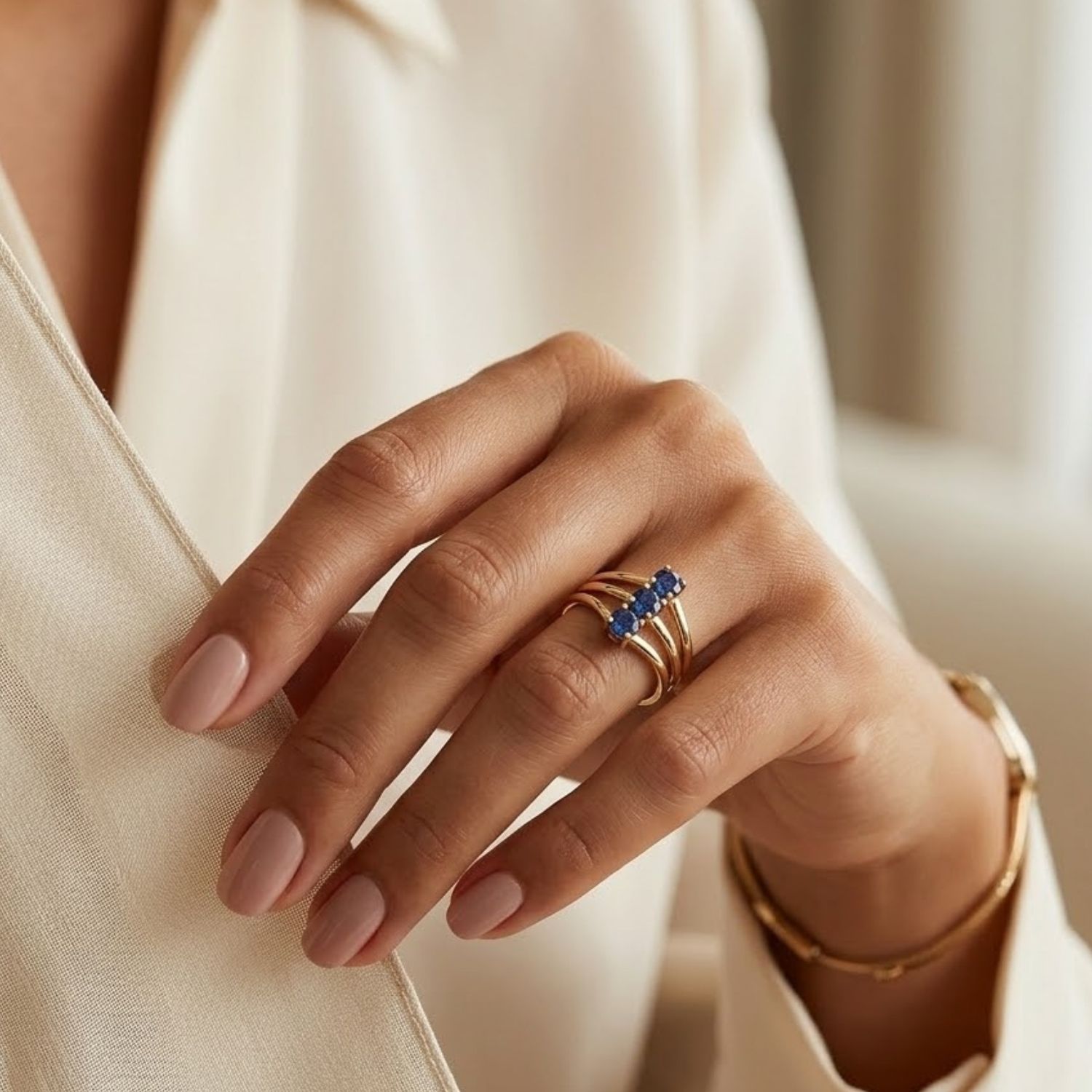 Anillo Oro Miel 18kt Trilogía con Zafiro 4
