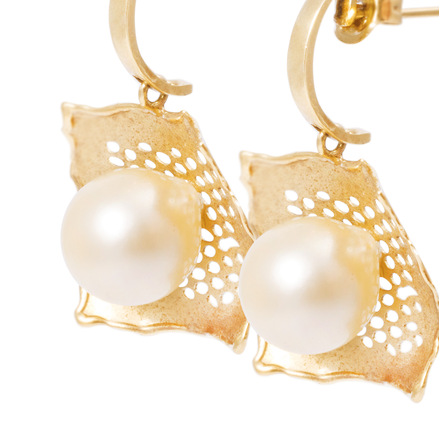 Aros Oro Amarillo 18kt Hoja y Perla Cultivada 10mm 2