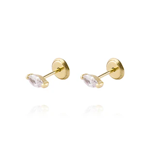 Aros de Oro 18kt Modelo Medio Circon Ovalado 3mm Tornillo Tope