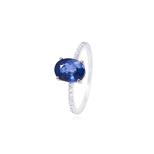 Anillo Oro Blanco 18kt Riel Diamantes 14 Pts y Zafiro 1,48 Pts