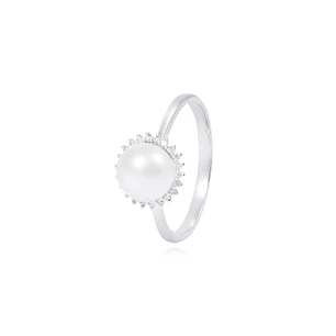 Anillo Oro Blanco 18kt Perla 6 - 8 mm Diamantes 10 Pts