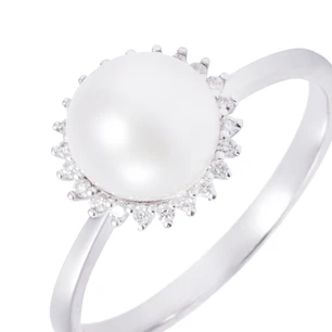 Anillo Oro Blanco 18kt Perla 6 - 8 mm Diamantes 10 Pts