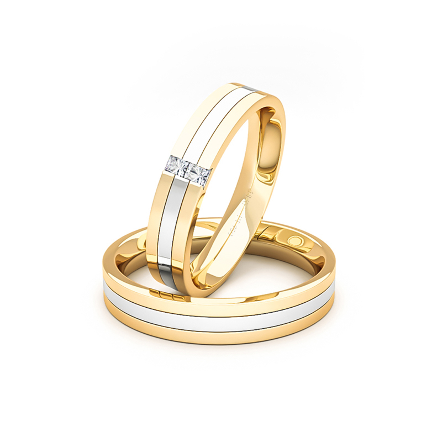Par Argollas Matrimonio de Platino con 2 Diamantes de 1,7x1,7mm Corte Princesa Modelo Vita 1