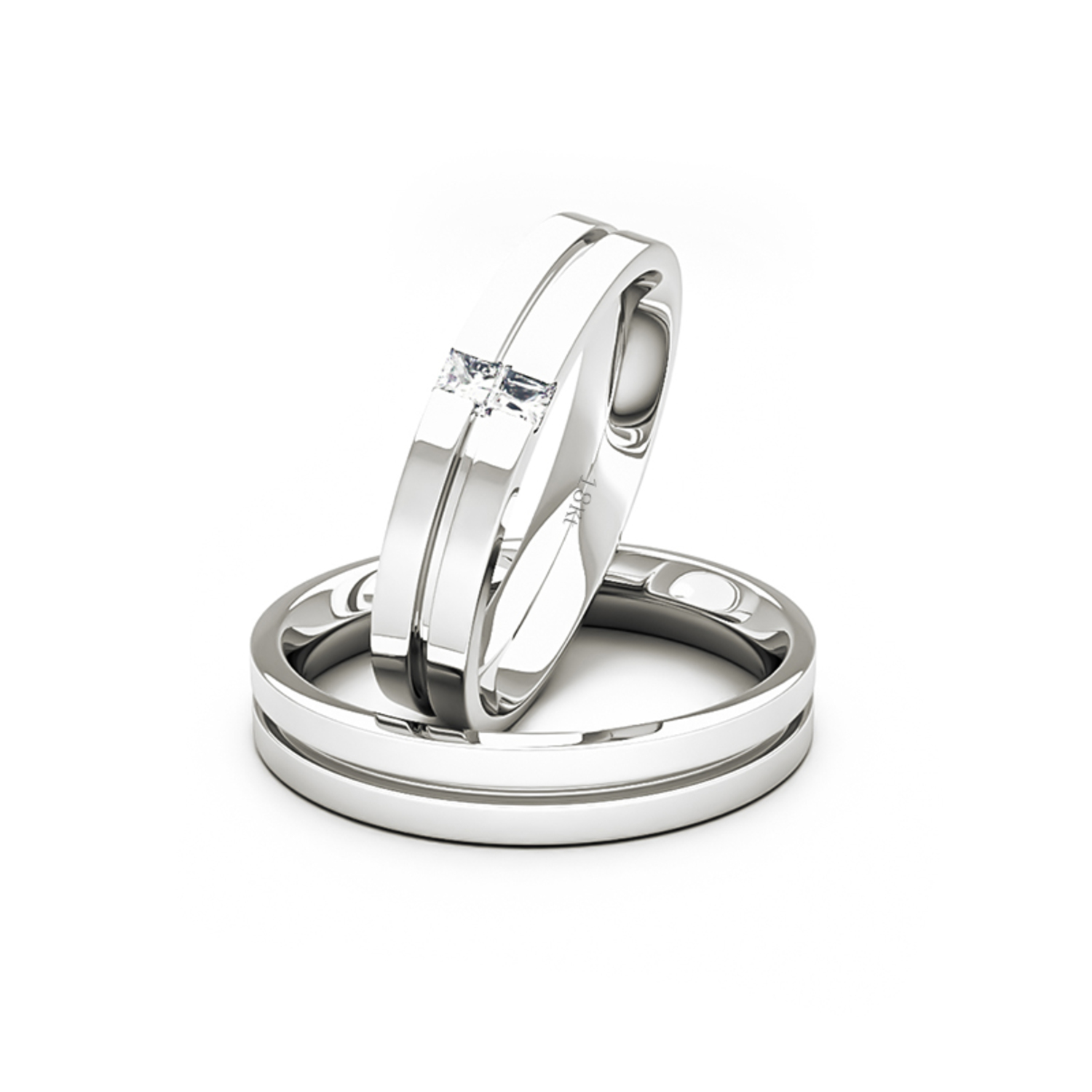 Par Argollas Matrimonio de Oro Blanco 18kt con 2 Diamantes de 1,7x1,7mm Corte Princesa Modelo Neo 1