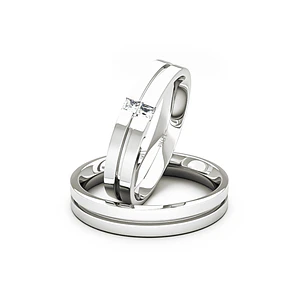 Par Argollas Matrimonio de Oro Blanco 18kt con 2 Diamantes de 1,7x1,7mm Corte Princesa Modelo Neo