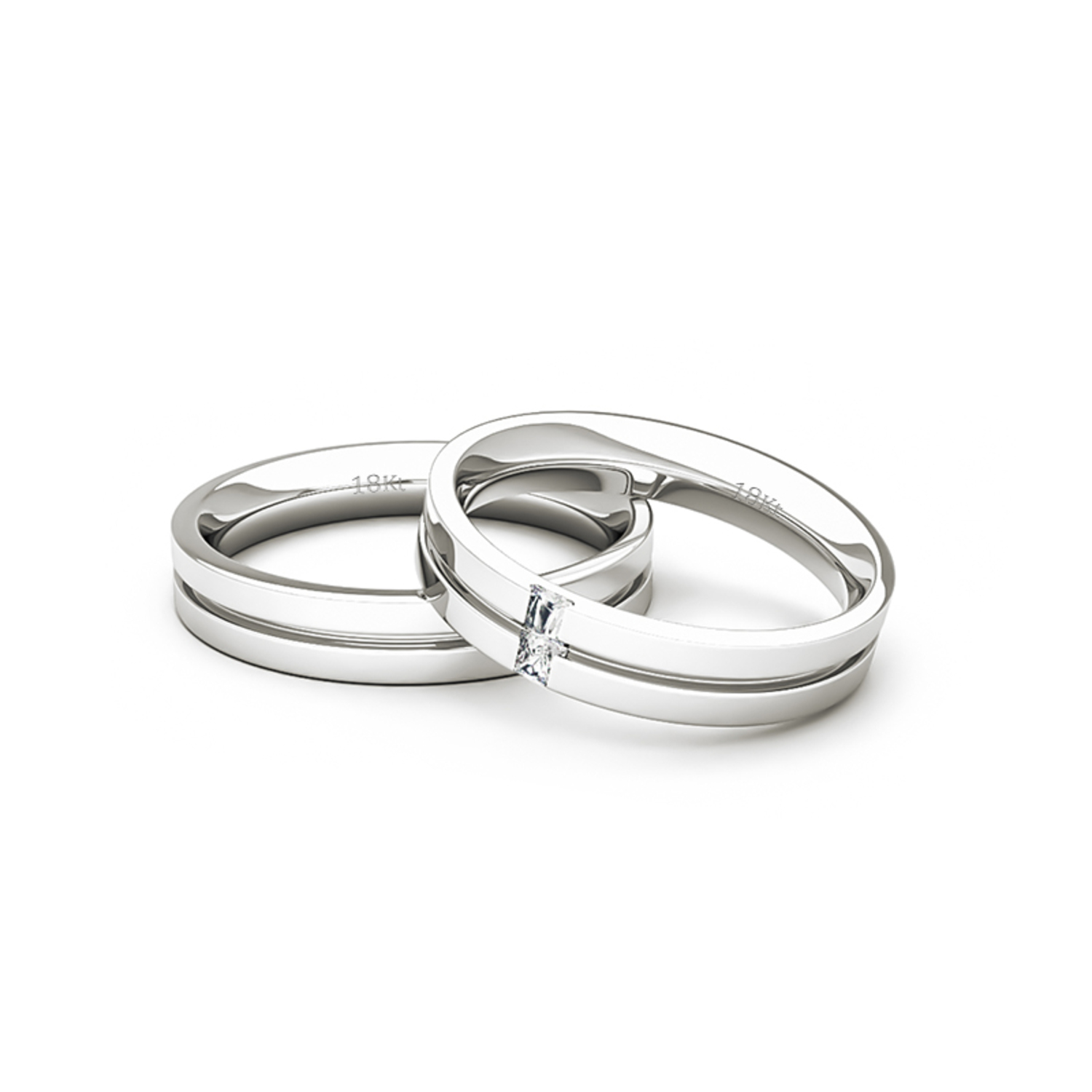 Par Argollas Matrimonio de Oro Blanco 18kt con 2 Diamantes de 1,7x1,7mm Corte Princesa Modelo Neo 2