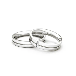 Par Argollas Matrimonio de Oro Blanco 18kt con 2 Diamantes de 1,7x1,7mm Corte Princesa Modelo Neo