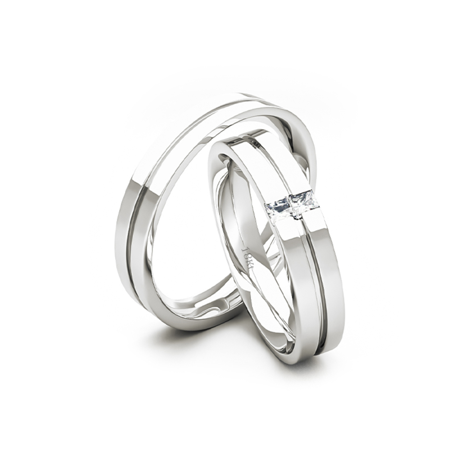 Par Argollas Matrimonio de Oro Blanco 18kt con 2 Diamantes de 1,7x1,7mm Corte Princesa Modelo Neo 3