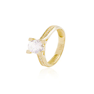Anillo Compromiso de Oro 18Kt Solitario 6mm Circón 1/2 cintillo lateral